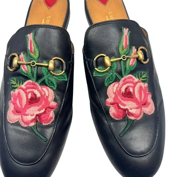 Gucci Princetown Rose Embroidered Black Loafer Mules Sz 40 Designer Iconic Flats - Picture 2 of 11